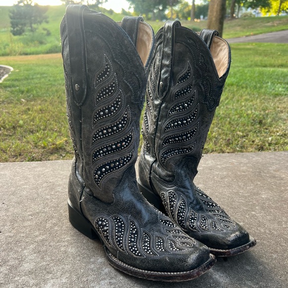 Corral Shoes - Corral Grey Studded Inlay Square Toe Cowboy Boot Western 8M Womens C2857